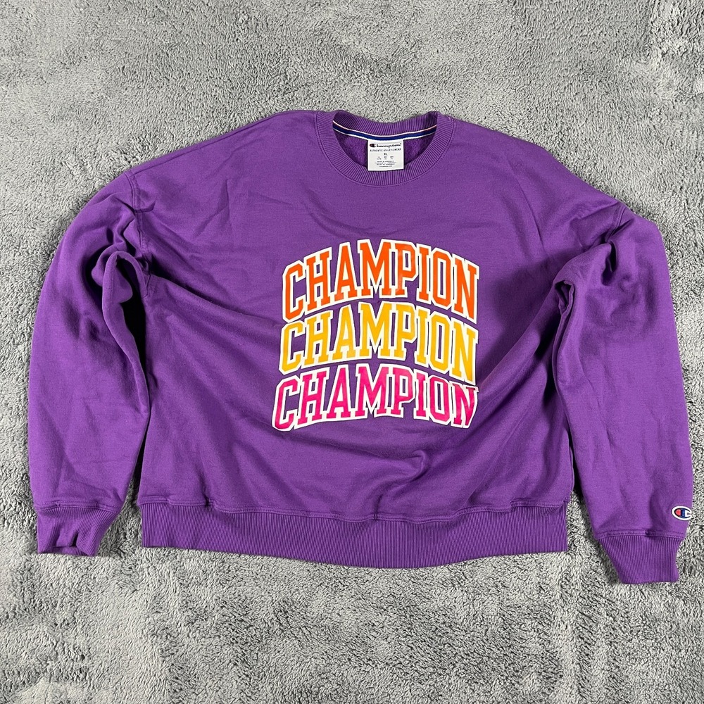 Champion Sweatshirt Women XL Purple Spellout Logo Fleece Lined Crewneck Pullover